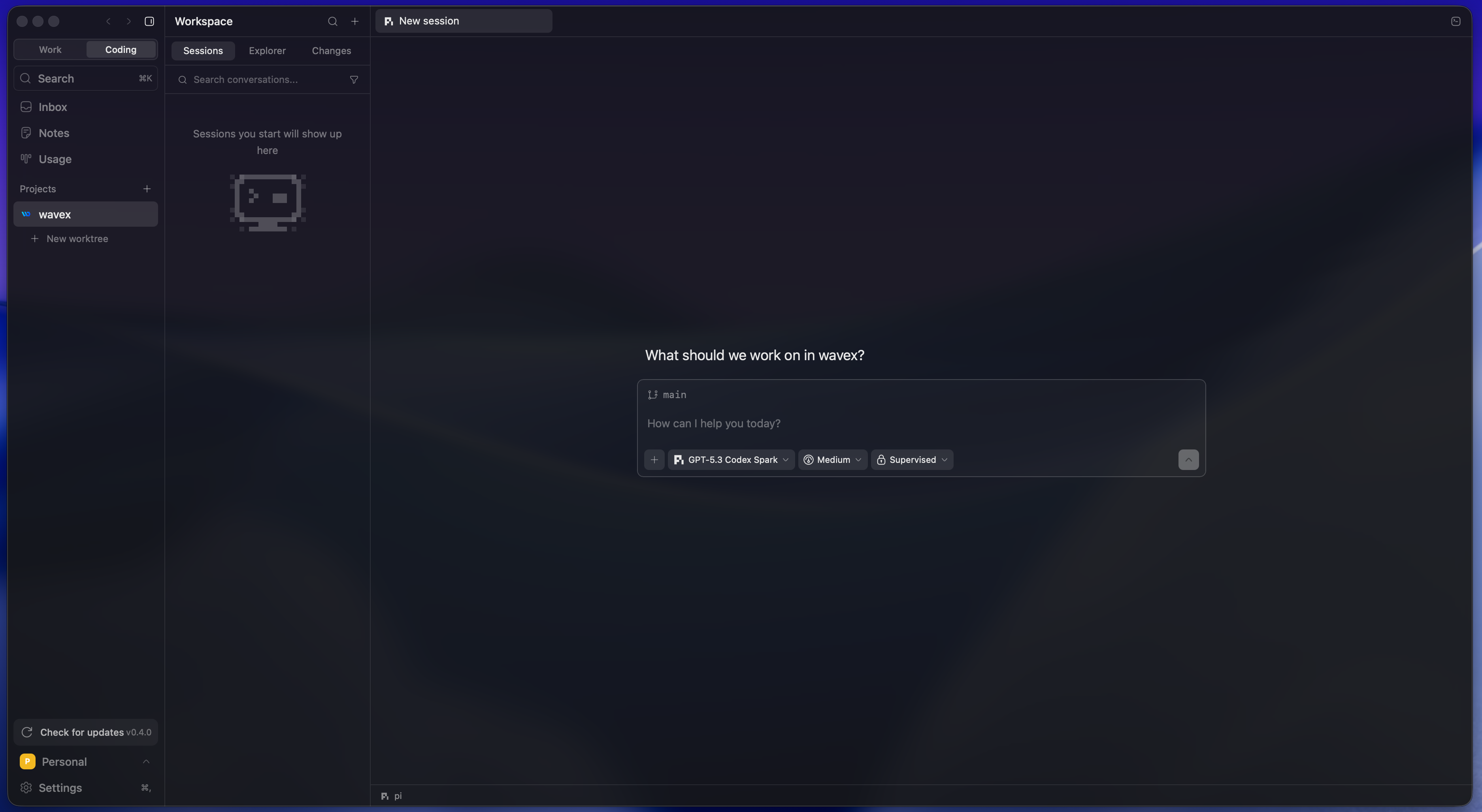 The wavex window: the project rail on the left, the workspace list with its Sessions, Explorer and Changes tabs, and a new session whose composer carries the branch, provider, model and approval mode.